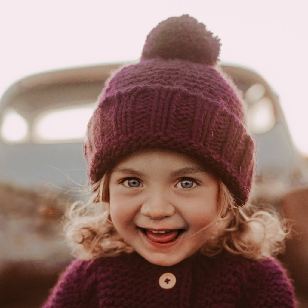 Plum Garter Stitch Beanie Hat SALE: S (0-6 months)