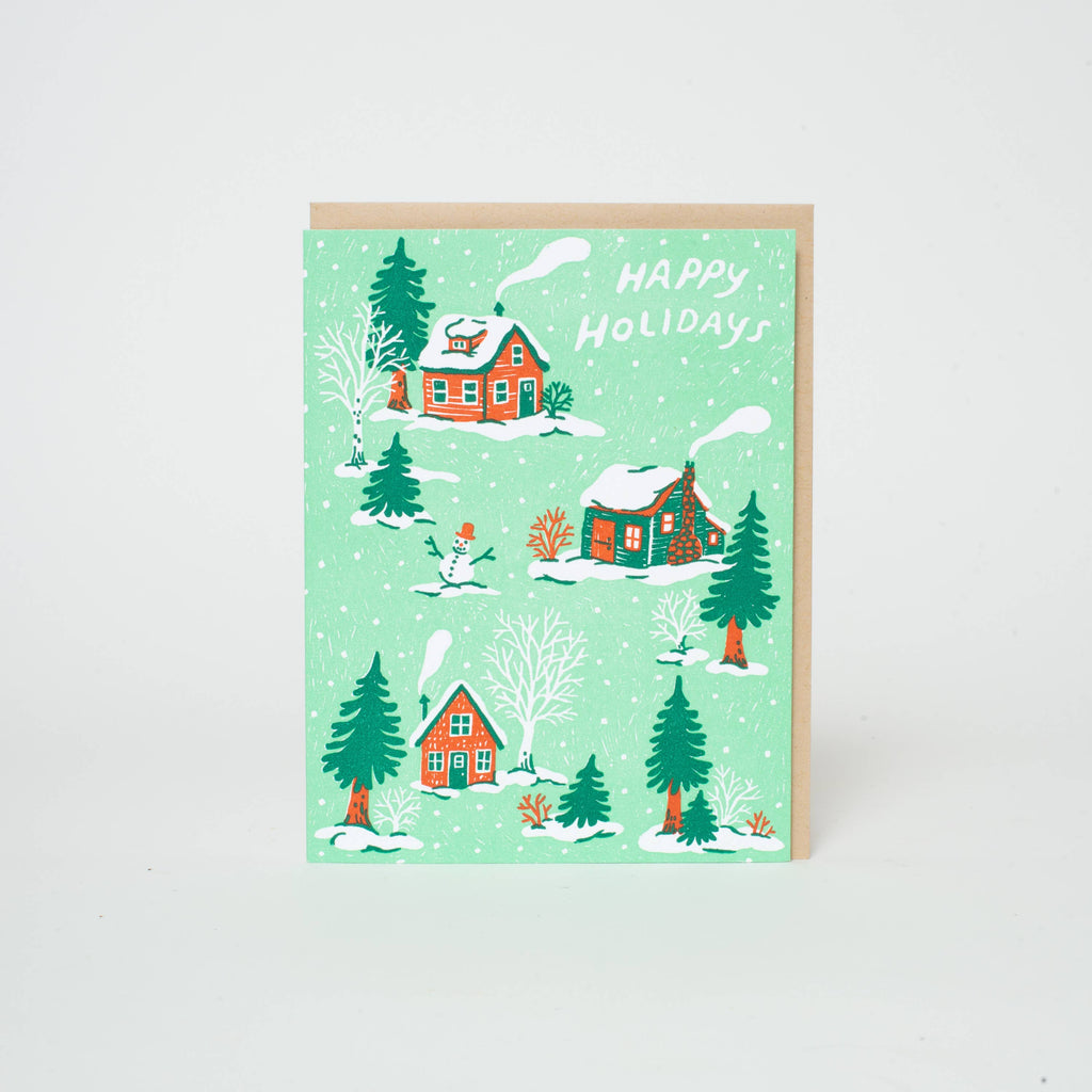 Christmas Cottages Letterpress Greeting Card by Phoebe Wahl