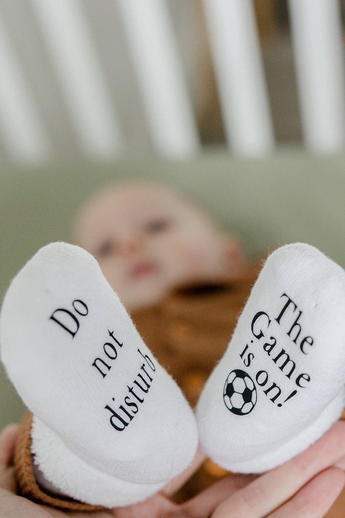 Do Not Disturb The Game is on Soccer Baby Socks | Sports Boy: 0-6mo