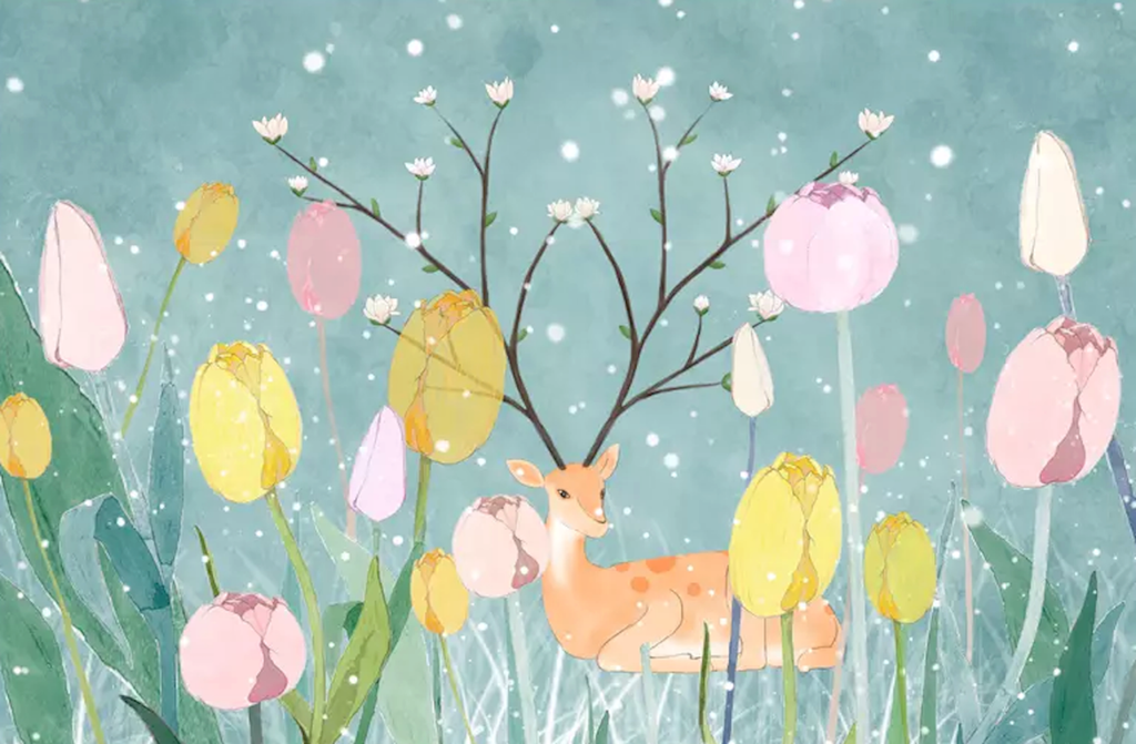 Kids Landscape Cartoon Tulip Floral Removable Wallpaper