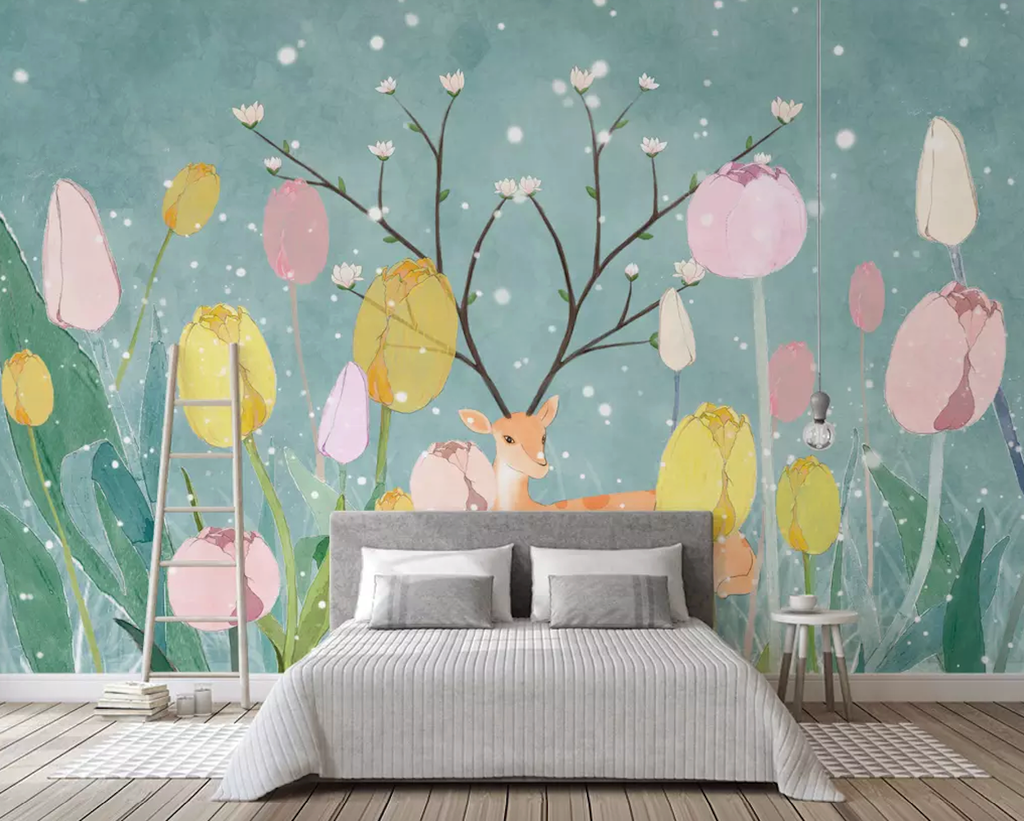 Kids Landscape Cartoon Tulip Floral Removable Wallpaper