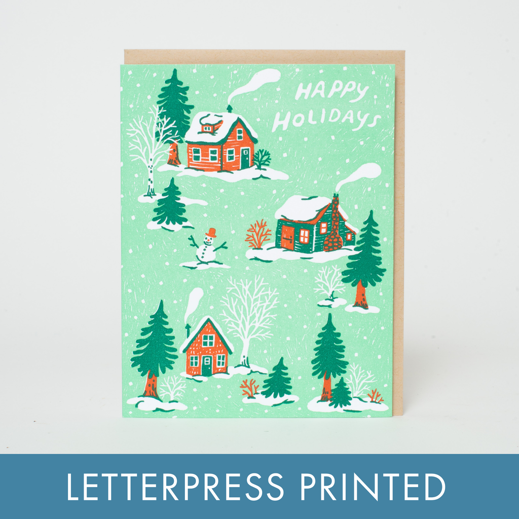 Christmas Cottages Letterpress Greeting Card by Phoebe Wahl