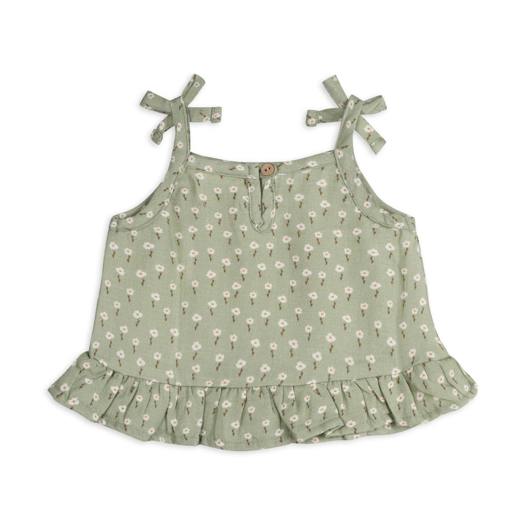 Sage Floral Shoulder Tie Baby Top + Shorts (Organic Muslin): SAGE / 6-12M