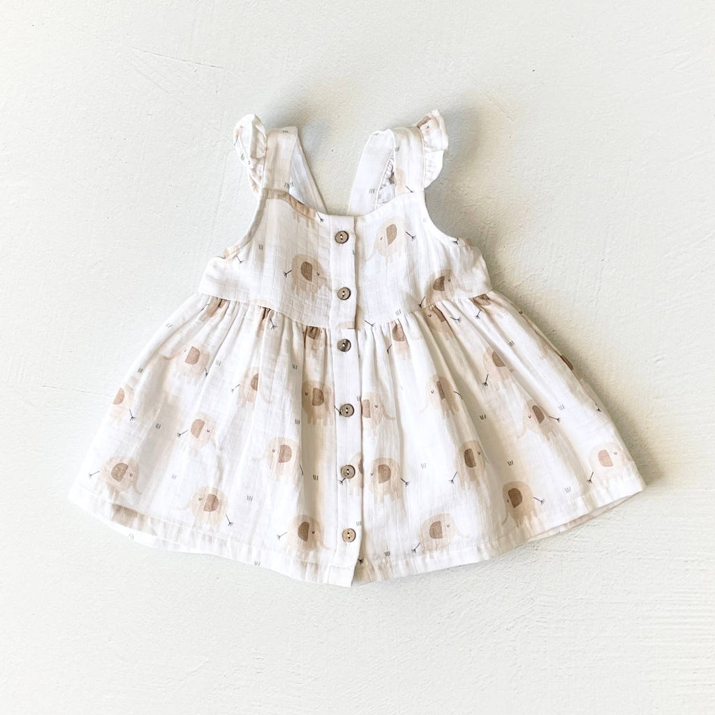 Elephant Ruffle & Button Baby Dress+Bloomer (Organic Muslin): Natural / 12-18M