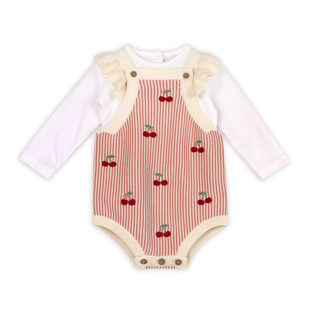 Cherry Stripe Embroidered Baby Ruffle Romper Set (Organic)