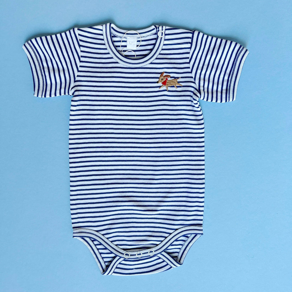 Baby Onesie, Dog Embroidery- Fall Organic Striped Clothing