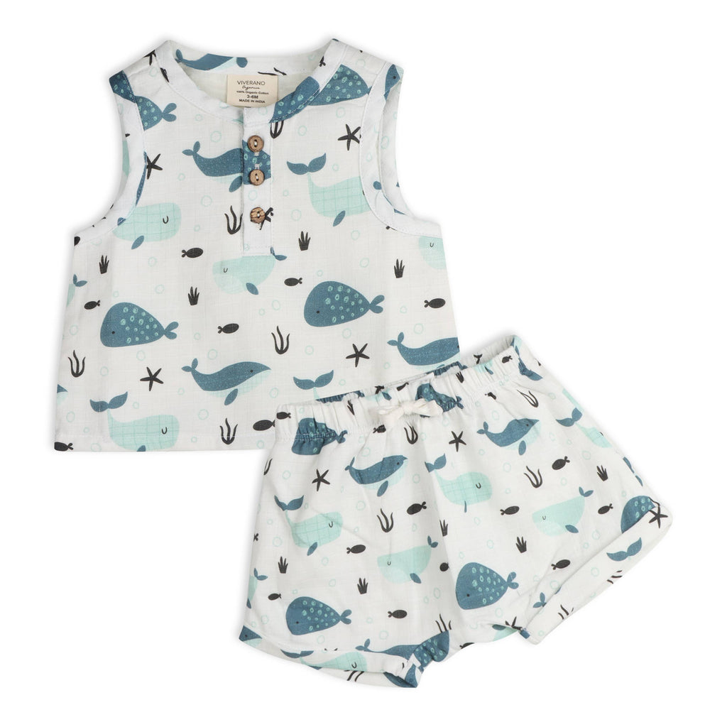 Whales Baby Top + Shorts (Organic Muslin): WHITE / 6-12M