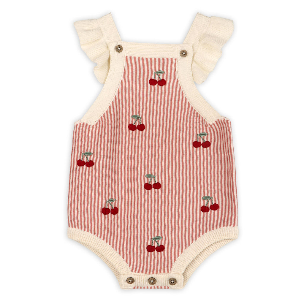 Cherry Stripe Embroidered Baby Ruffle Romper Set (Organic)
