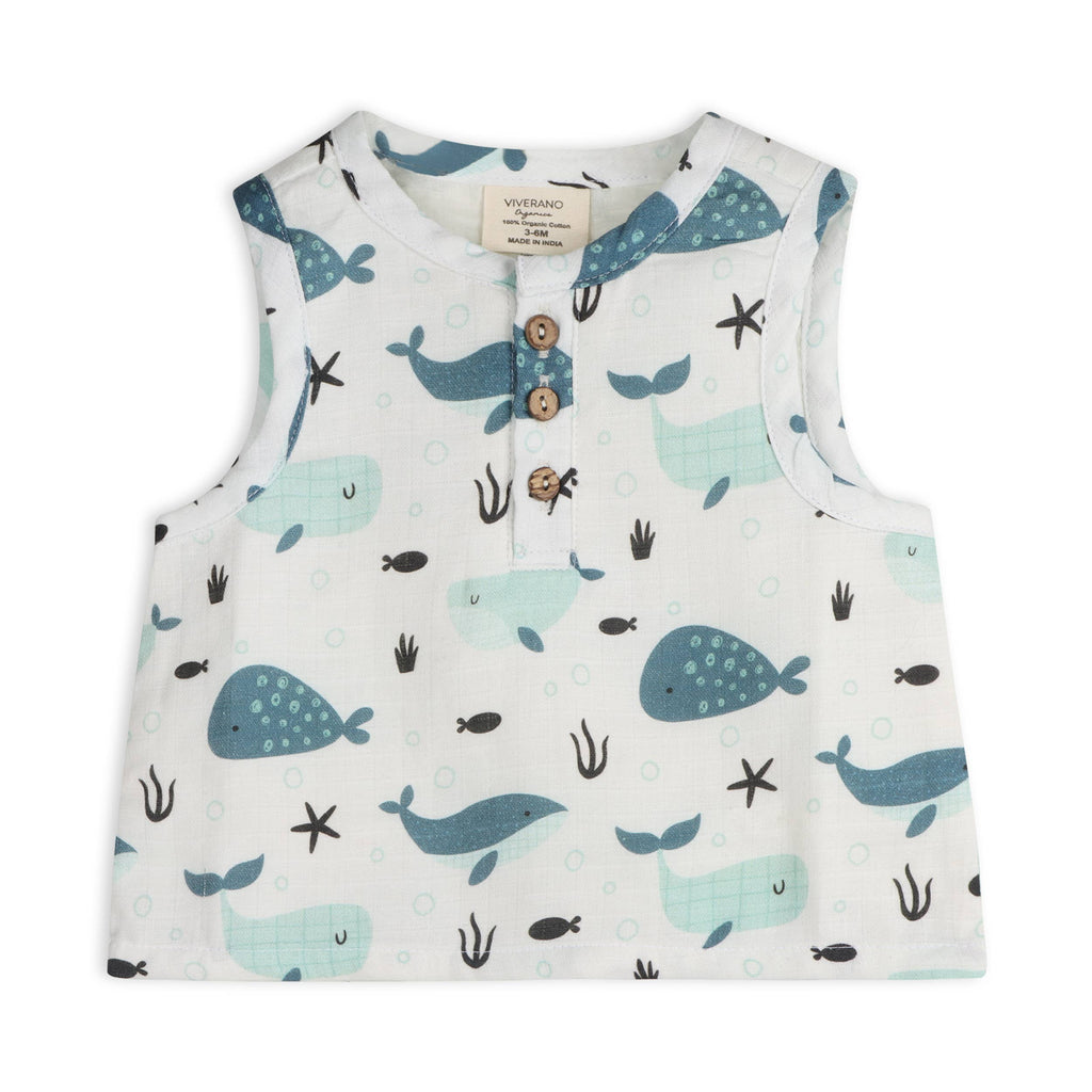Whales Baby Top + Shorts (Organic Muslin): WHITE / 6-12M