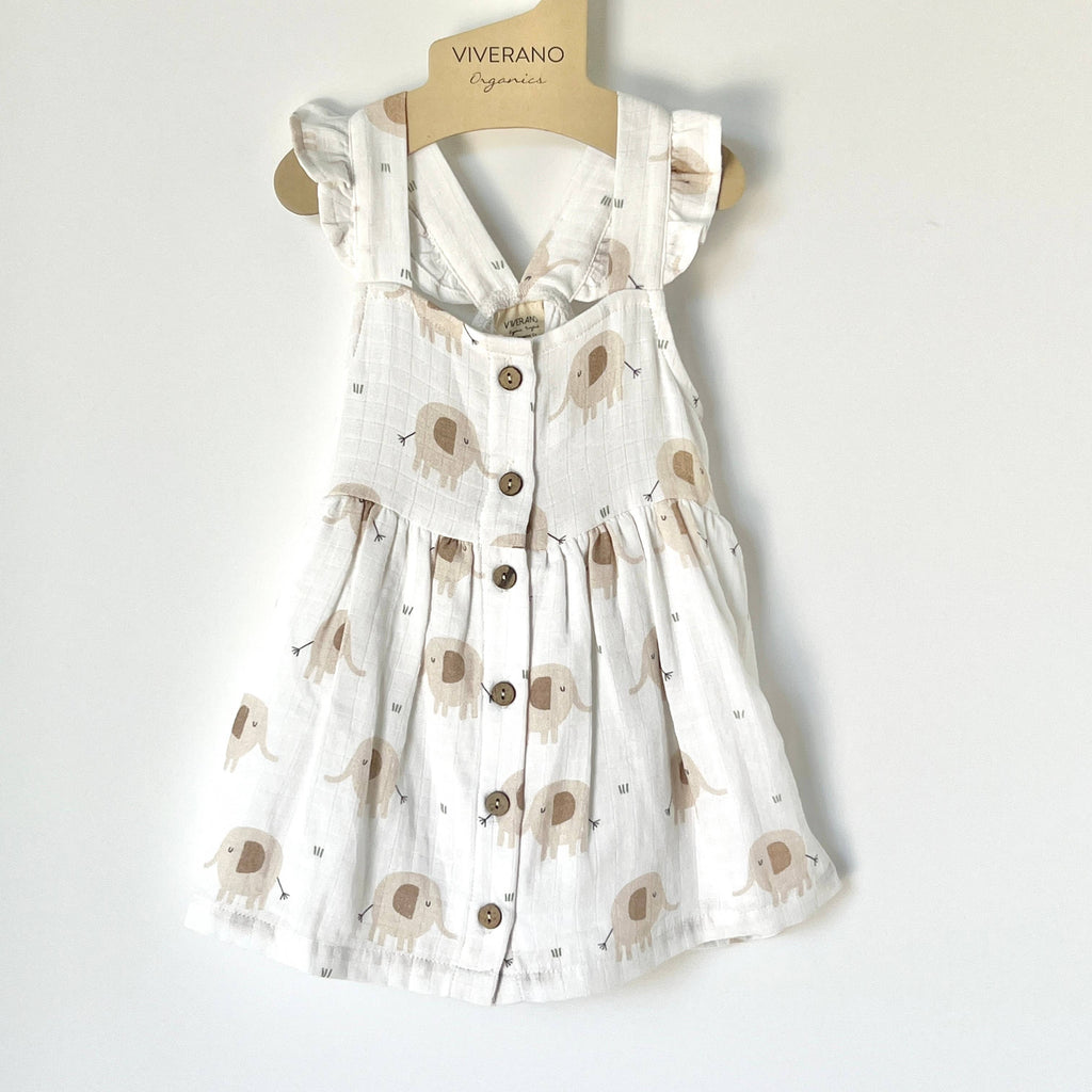 Elephant Ruffle & Button Baby Dress+Bloomer (Organic Muslin): Natural / 12-18M