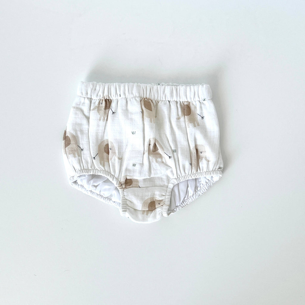 Elephant Ruffle & Button Baby Dress+Bloomer (Organic Muslin): Natural / 12-18M